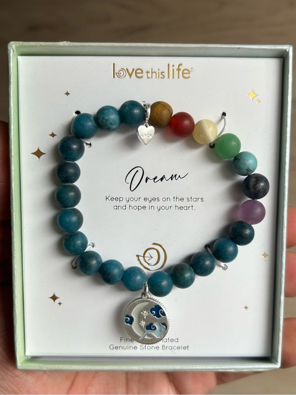 “Dream" Silver Tone Enamel Moon Multi-Color GemStone Stretch Bracelet size 6